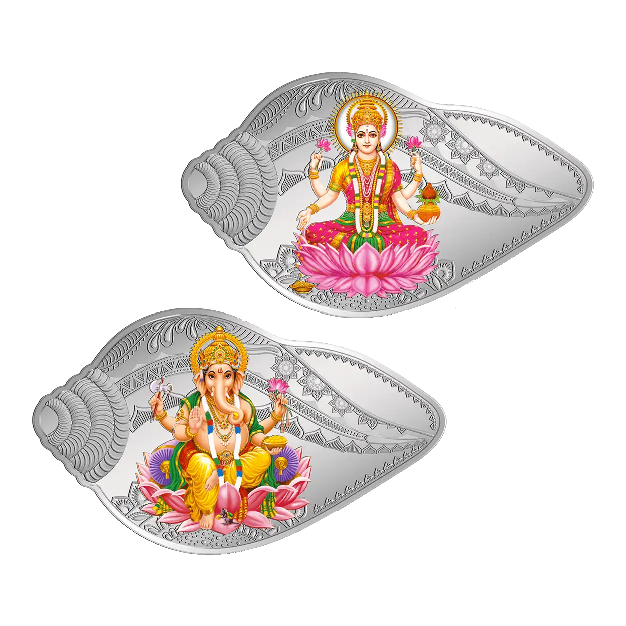 50 GRAM SILVER COIN LAKSHMI GANESH SHANKH SHAPE (2 COIN SET)